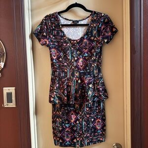 Rue21 Black Multicolor Geometric Peplum Mini Dress